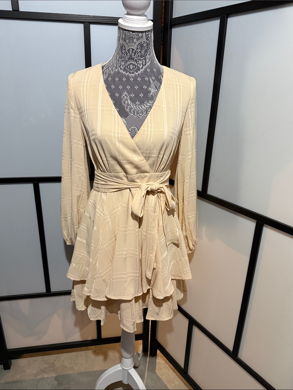Pink Lily Cream Wrap Tiered Long Sleeve Mini Dress with Tie Waist